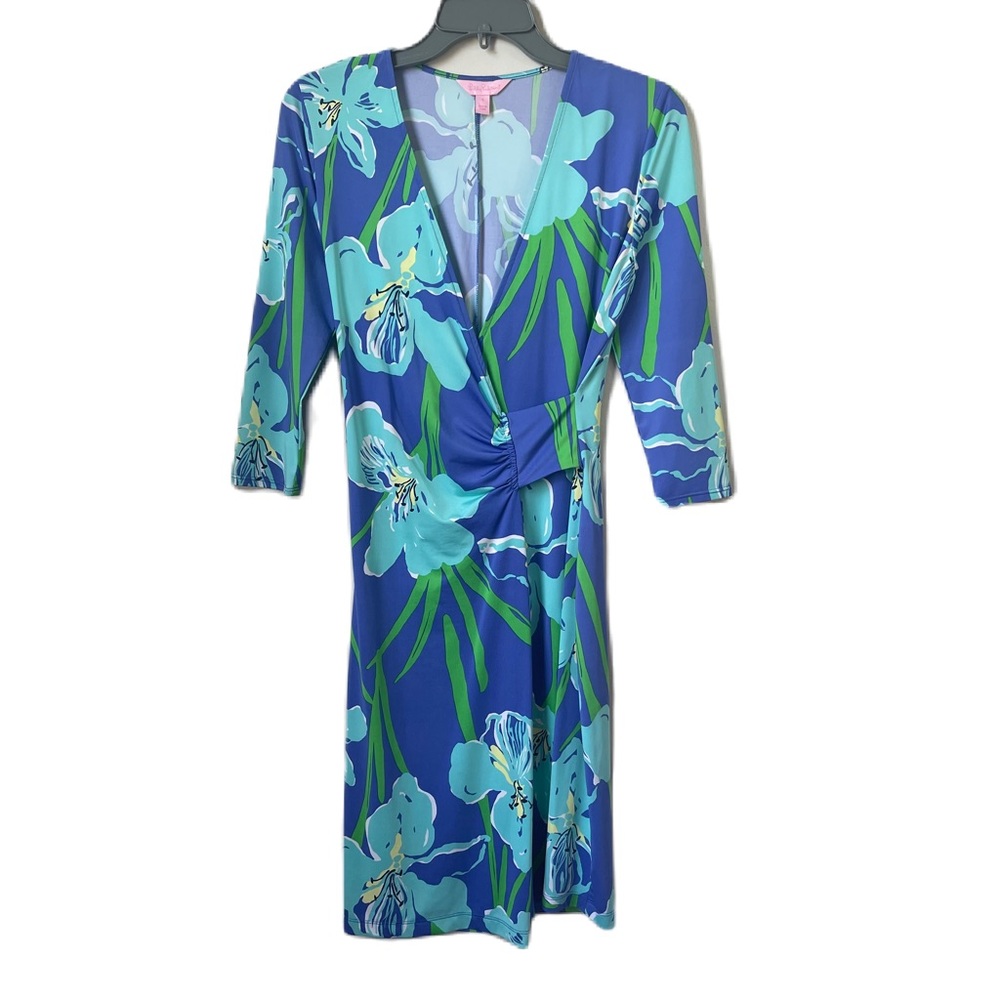 Lilly Pulitzer yvette dress siz S iris blue chablis faux wrap floral boho summer